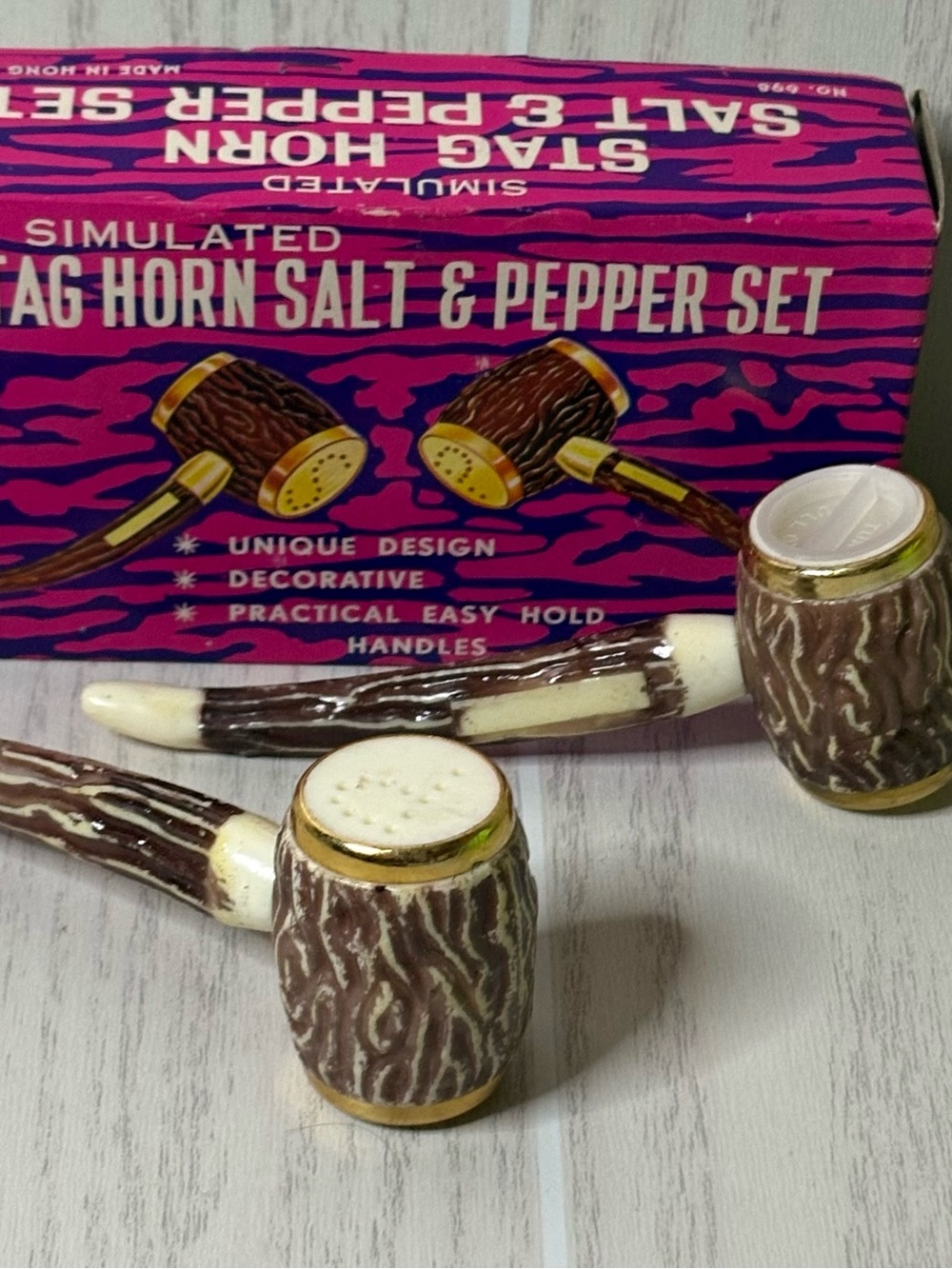 Vintage Pipes Simulated Stag Horn Salt & Pepper Set - Brown & Cream With Box